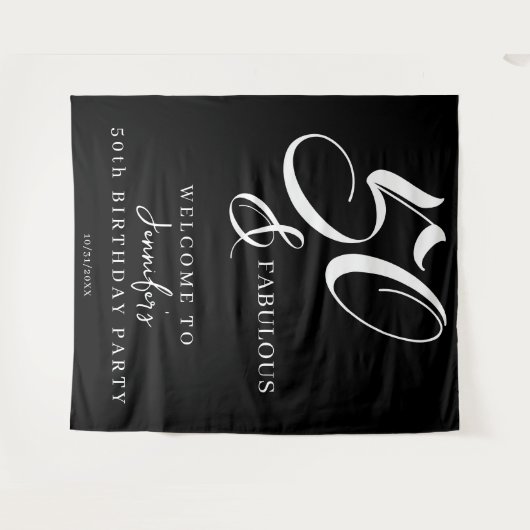 Modern Elegant Black White Fifty Fabulous Birthday Wandkleed (Voorkant (horizontaal))