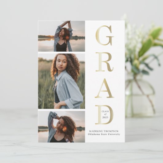 Modern Elegant Black White Gold 3 Foto Afstuderen Aankondiging (Staand voorkant)