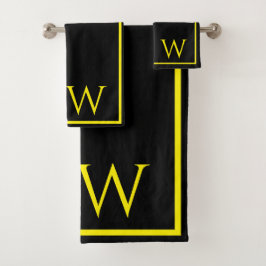 Modern Elegant Black Yellow Monogram Script  Bad Handdoek