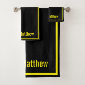 Modern Elegant Black Yellow Monogram Script Name Bad Handdoek (Insitu)