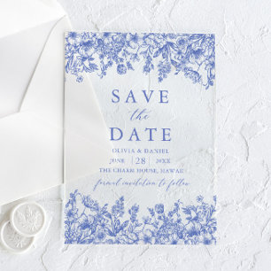 Modern Elegant Blauw Bloemen Save the Date Acryl Uitnodigingen