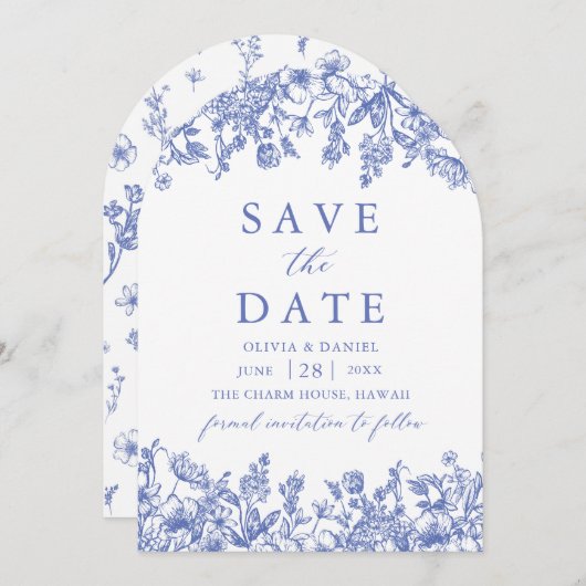 Modern Elegant Blauw  Bloemen Save the Date Kaart (Voorkant / Achterkant)