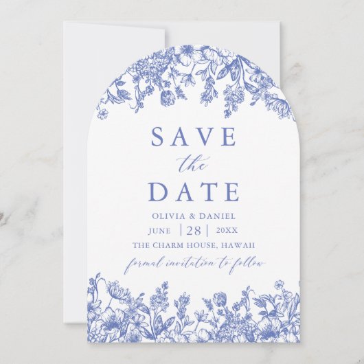 Modern Elegant Blauw  Bloemen Save the Date Kaart (Voorkant)