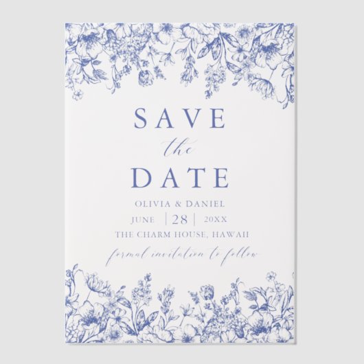 Modern Elegant Blauw  Bloemen Save the Date Vellum Uitnodigingen (Voorkant)