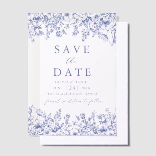 Modern Elegant Blauw  Bloemen Save the Date Vellum Uitnodigingen (Offset)