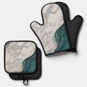 Modern Elegant Blauwgroen Grijs Marmer Ovenwant & Pannenlap Set (Voorkant / Achterkant)