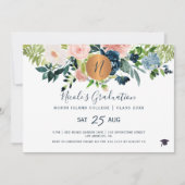 Modern elegant bloemengoud navy graduatie party kaart (Voorkant)