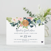 Modern elegant bloemengoud navy graduatie party kaart (Staand voorkant)