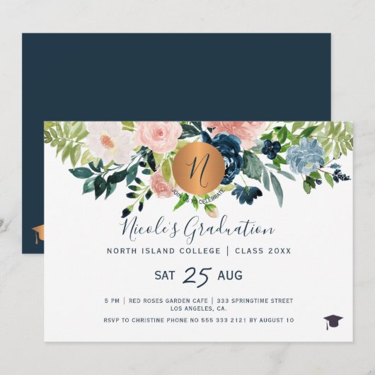 Modern elegant bloemengoud navy graduatie party kaart (Voorkant / Achterkant)