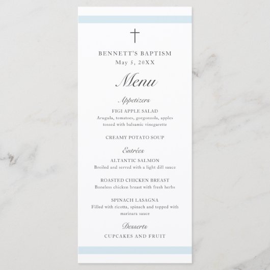 Modern Elegant Blue Boys Baptisme Menu (Voorkant)