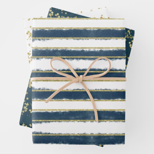 Modern Elegant Blue Gold Kerstfeestdag Inpakpapier Vel (In situ)