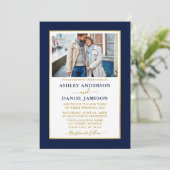 Modern Elegant Blue Gold Wedding Invitation Kaart (Staand voorkant)