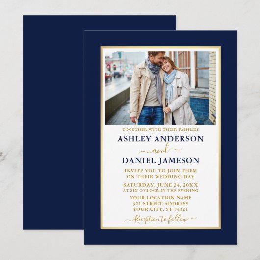 Modern Elegant Blue Gold Wedding Invitation Kaart (Voorkant / Achterkant)