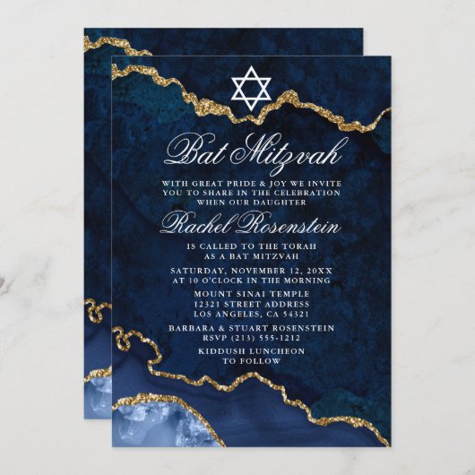 Modern Elegant Blue Marble Geode Bat Mitzvah Kaart (Voorkant / Achterkant)