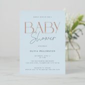 Modern Elegant Blue Script Baby shower Gold Folie Uitnodiging (Staand Voorkant)