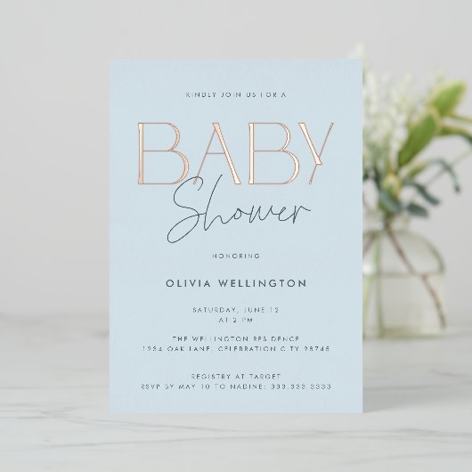 Modern Elegant Blue Script Baby shower Gold Folie Uitnodiging (Staand Voorkant)