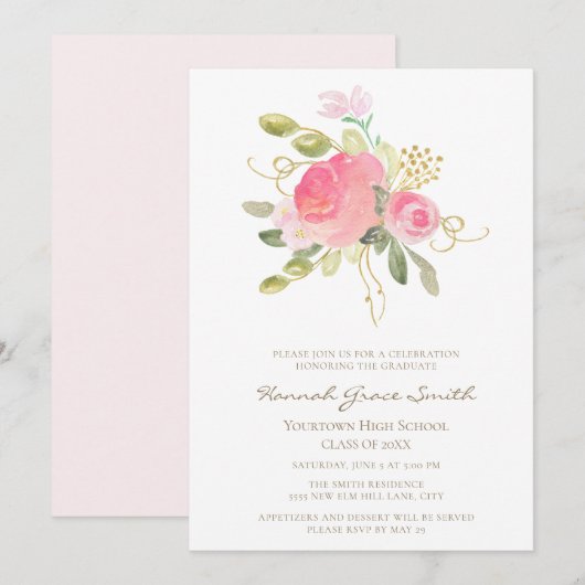 Modern Elegant Blush Pink Gold Floral Afstuderen Kaart (Voorkant / Achterkant)