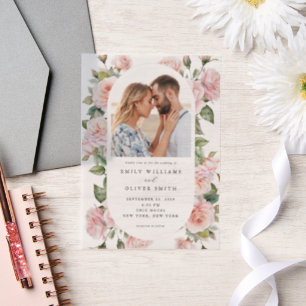 Modern Elegant Blush Roos Bloemen Foto bruiloft Vellum Uitnodigingen