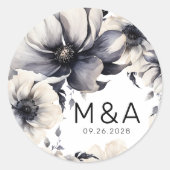Modern Elegant Boho Zwart Wit Bloemen Bruiloft Ronde Sticker (Voorkant)