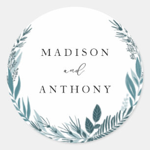 Modern Elegant Botanical Blauwgroen Blue Wreath We Ronde Sticker
