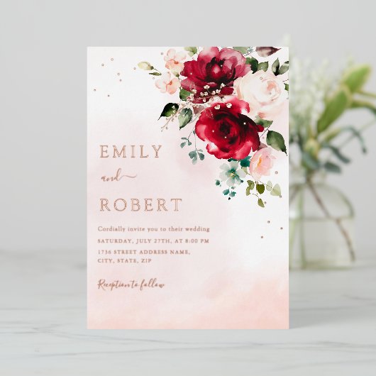 Modern Elegant Bourgondië Blush Boho Bloemen Bruil Folie Uitnodiging (Staand Voorkant)