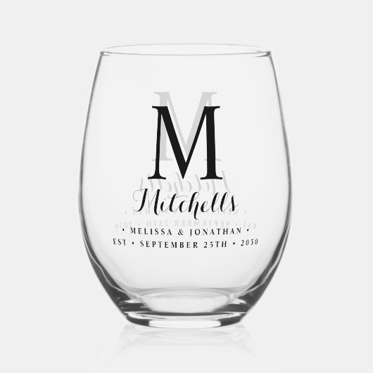 Modern Elegant Bruiloft Custom Monogram Naam Datum Wijnglas Zonder Voet (Achterkant)