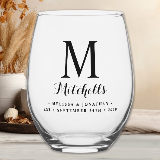 Modern Elegant Bruiloft Custom Monogram Naam Datum Wijnglas Zonder Voet