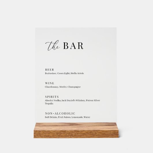 Modern Elegant Bruiloft De Bar Menu Acryl Bord (Voorkant)