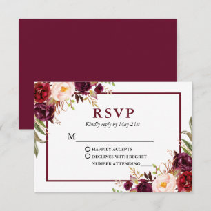 Modern Elegant Burgundy Floral Wedding RSVP Kaartje