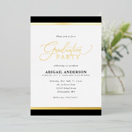 Modern Elegant Calligraphy Afstuderen Gold Folie Uitnodiging (Staand Voorkant)