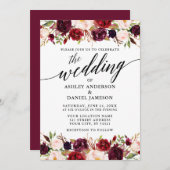 Modern Elegant Calligraphy Burgundy Floral Wedding Kaart (Voorkant / Achterkant)