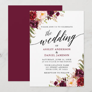 Modern Elegant Calligraphy Burgundy Floral Wedding Kaart