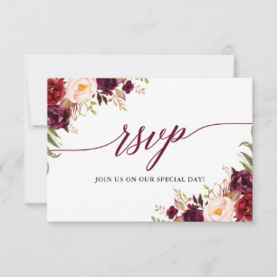 Modern Elegant Calligraphy Floral Burgundy Wedding RSVP Kaartje