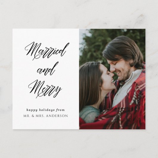 Modern Elegant Calligraphy Married and Merry Photo Briefkaart (Voorkant)