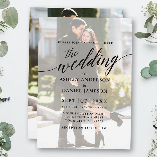 Modern Elegant Calligraphy Photo Overlay Wedding Kaart