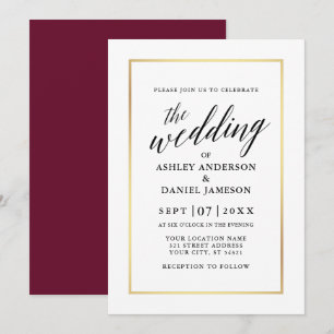 Modern Elegant Calligraphy Wedding Burgundy Gold Kaart