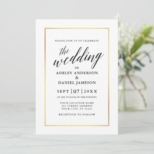Modern Elegant Calligraphy Wedding Dusty Blue Gold Kaart (Staand voorkant)