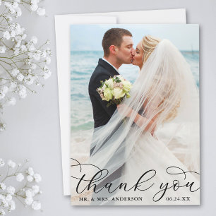 Modern Elegant Calligraphy Wedding Foto B Bedankkaart
