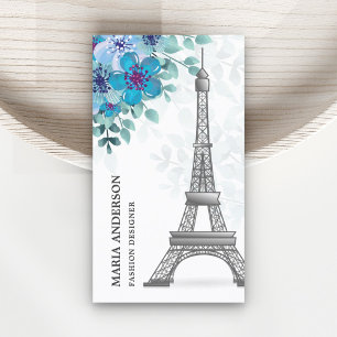 Modern Elegant Chic Blue Floral Paris Eiffel Tower Visitekaartje