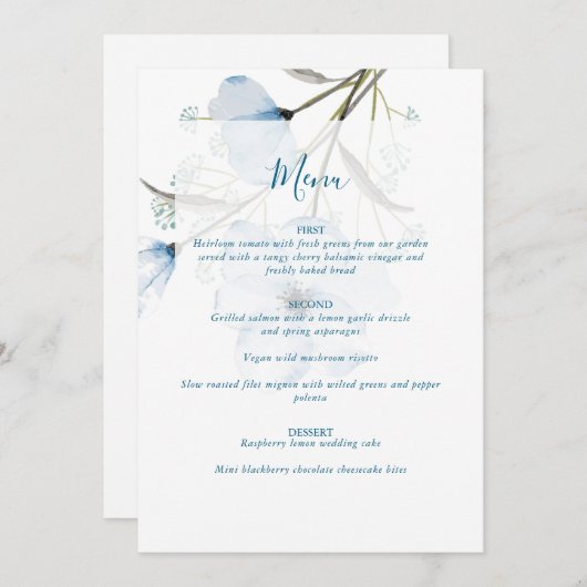 Modern Elegant Chic Dusty Blue Wedding Menu (Voorkant / Achterkant)