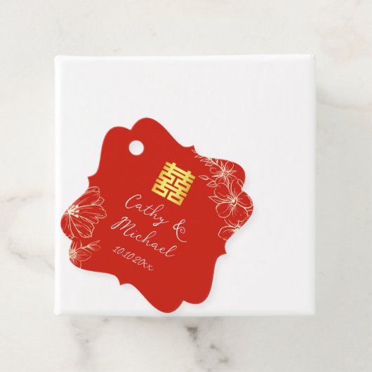 Modern elegant Chinees bruiloft floral script rood Bedankjes Labels (In situ)