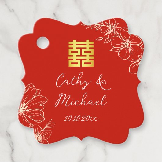 Modern elegant Chinees bruiloft floral script rood Bedankjes Labels (Voorkant)