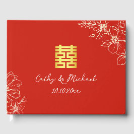 Modern elegant Chinees bruiloft floral script rood Gastenboek