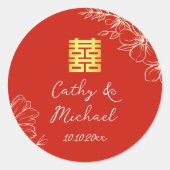 Modern elegant Chinees bruiloft floral script rood Ronde Sticker (Voorkant)