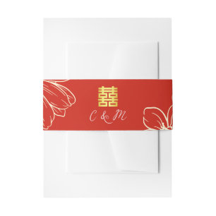Modern elegant Chinees bruiloft floral script rood Uitnodigingen Wikkel