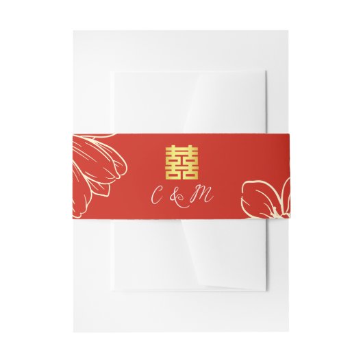 Modern elegant Chinees bruiloft floral script rood Uitnodigingen Wikkel (Voorkant Voorbeeld)