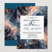 Modern Elegant Chique Navy Blauw & Perzik Marmer Kaart (Voorkant / Achterkant)