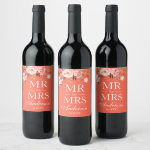 Modern Elegant Coral Floral Mr. en Mrs Wedding Wijn Etiket