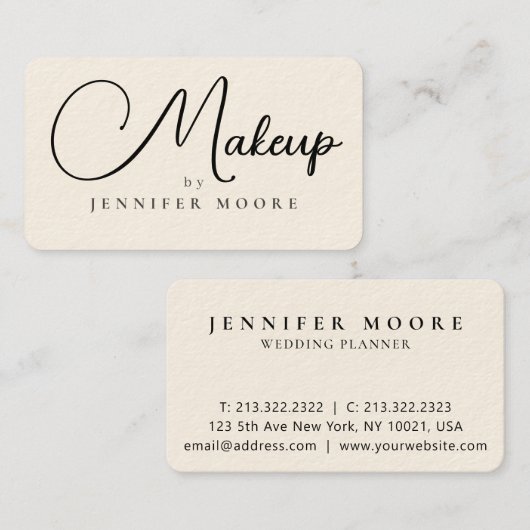Modern Elegant Cream and Black Makeup Script Visitekaartje (Voorkant / Achterkant)