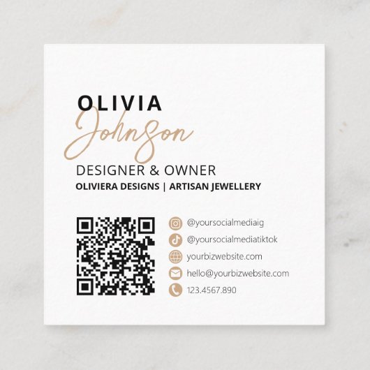 Modern Elegant Cream + Geel Script QR-code Vierkante Visitekaartje (Achterkant)